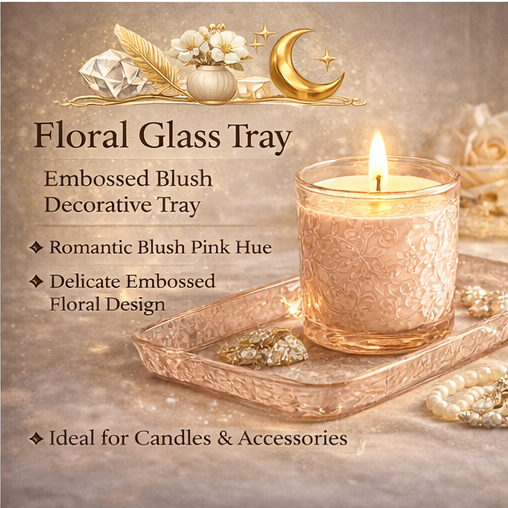 ZuQeri™ Floral Glass Tray – Embossed Blush Decorative Vanity Tray