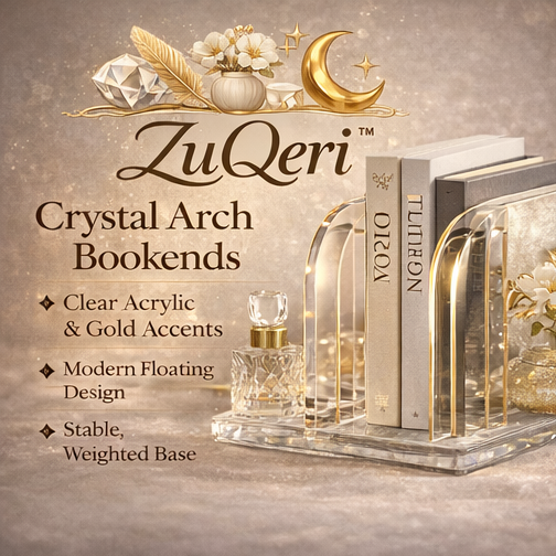 ZuQeri™ Crystal Arch Bookends – Modern Clear Acrylic Gold Accent Book Holders
