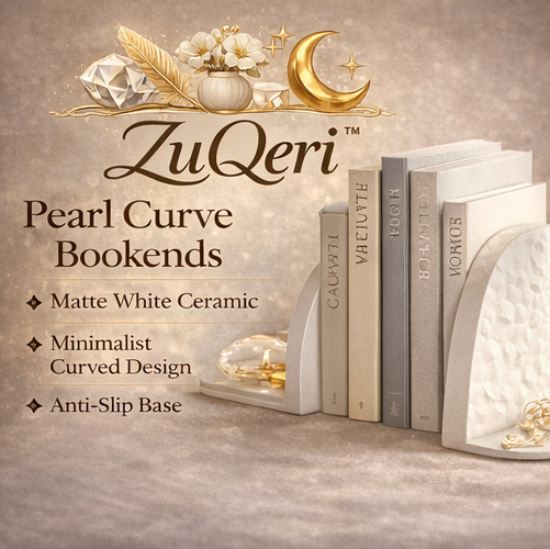 ZuQeri™ Pearl Curve Bookends – Matte White Textured Ceramic Book Supports