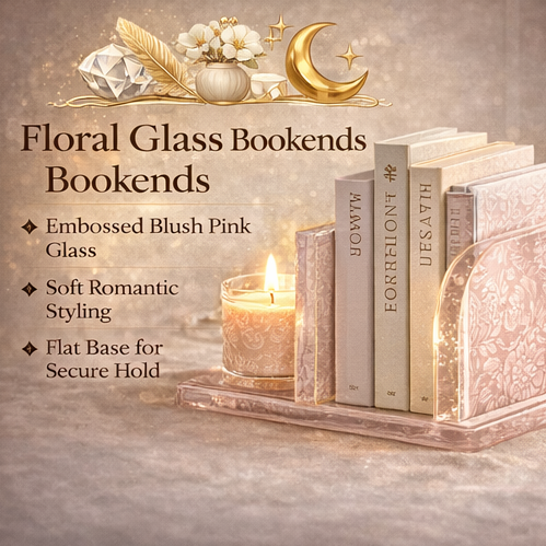 ZuQeri™ Floral Glass Bookends – Embossed Blush Pink Decorative Book Support